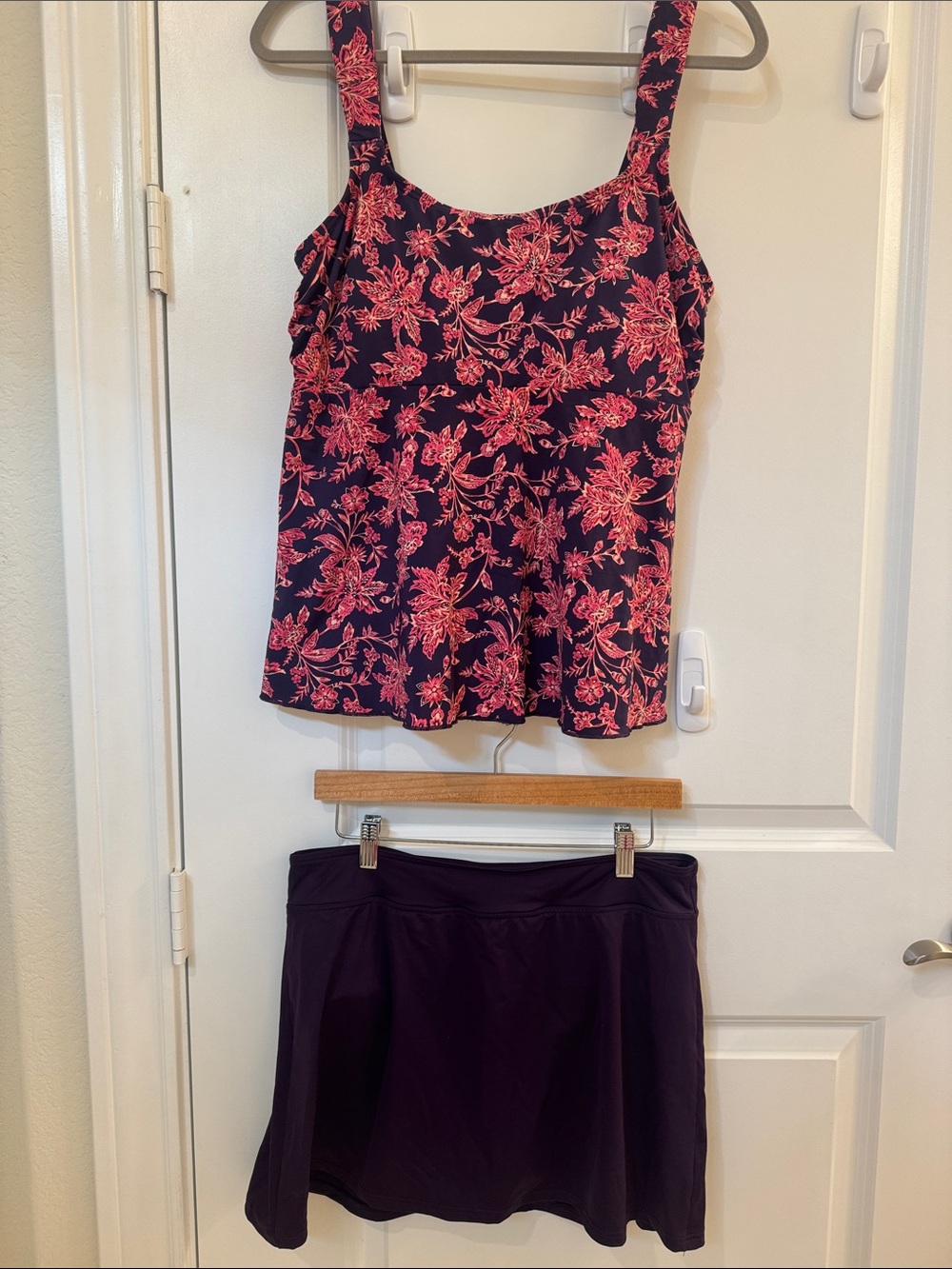 Lands' End Floral Tankini Top and Skirted Bottoms in Deep Purple and Pink